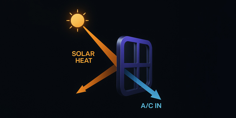 A diagram showing how a Low-E coated energy-efficient window blocks solar heat.